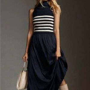 Anthropologie Thea Twofer Sleeveless Sweater Dress Lg Navy/White